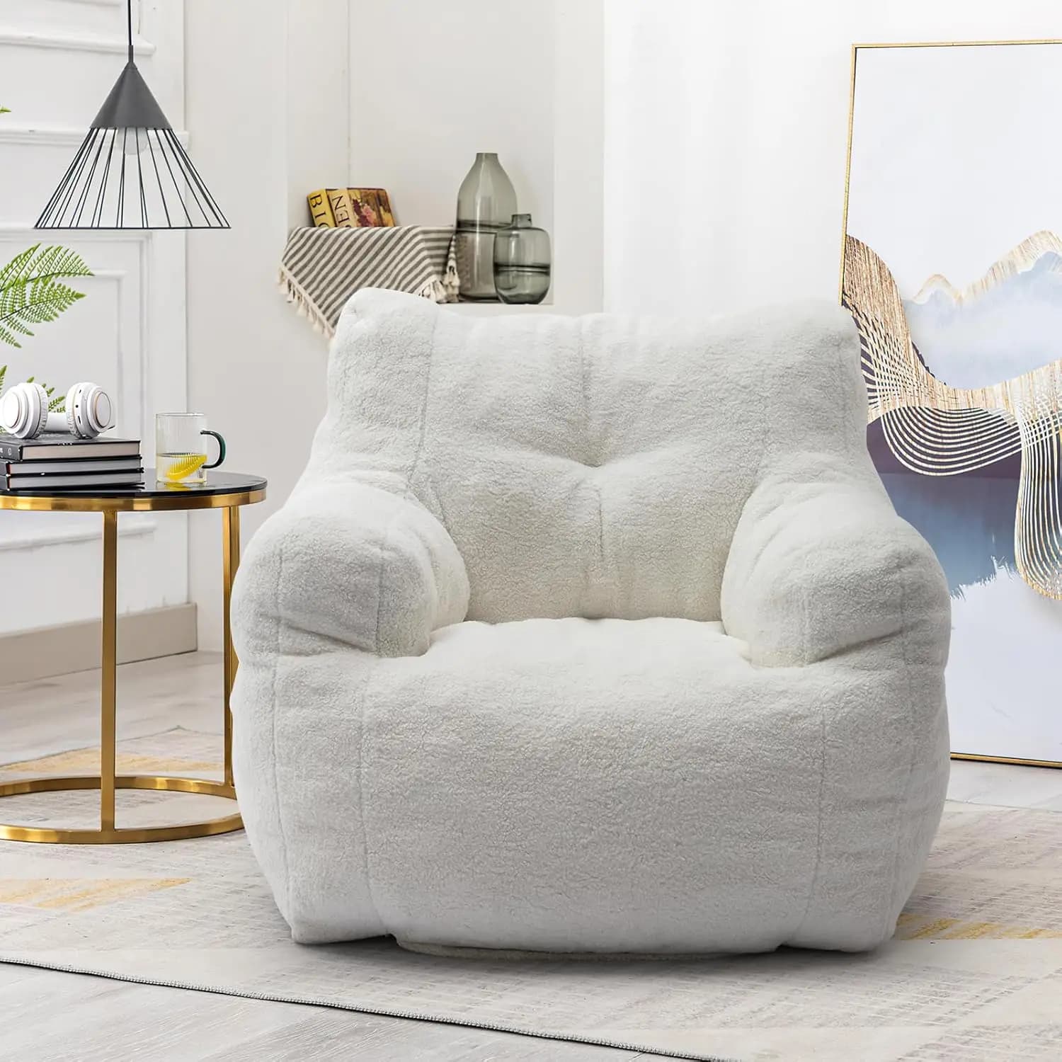 Poltrona Sacco Grande con Braccioli, Imbottitura in Schiuma, Tessuto Teddy, Divano Pigro Trapuntato per Dormitorio, Camera da Letto, Gaming, Bianco Personalizzabile