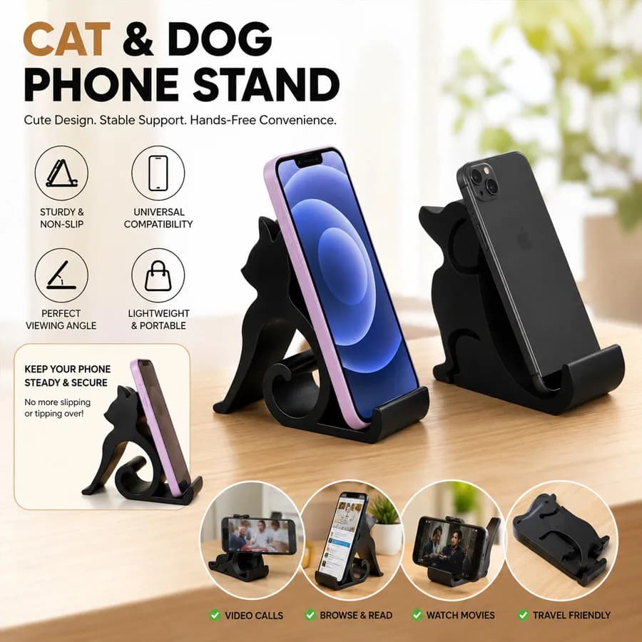 1PC Cute 3D Stereo Cat/Dog Phone Holder Universal Tablet Smartphone Stand Black White, Desktop Organizer Gift for Cat Dog Lovers