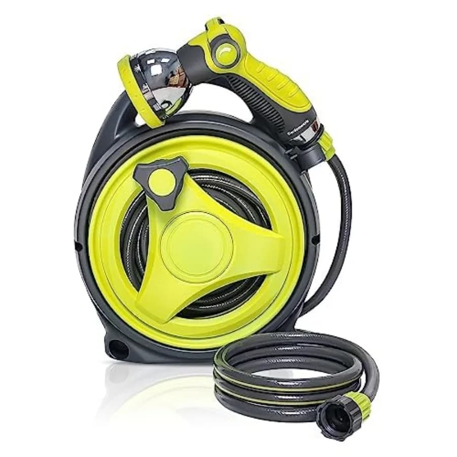 Avvolgitubo da Giardino Retrattile da 15 Metri, Avvolgitubo Portatile 45+5FT con Ugello Spray a 10 Modelli, Adatta a Connettori Standard USA da 50FT