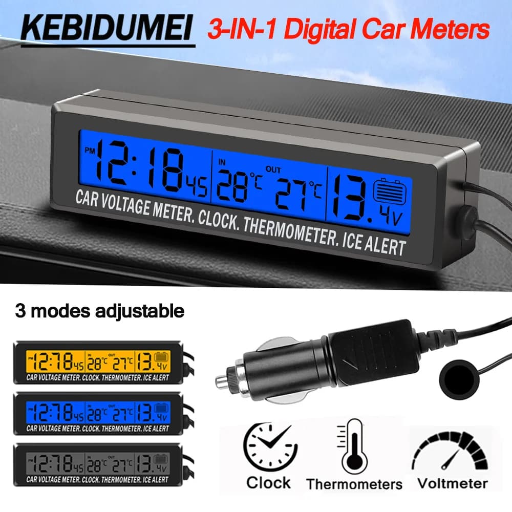 12-24V Auto 3 in 1 Termometro digitale interno ed esterno Display Voltmetro batteria per auto e orologio LCD con sensore di temperatura retroilluminato
