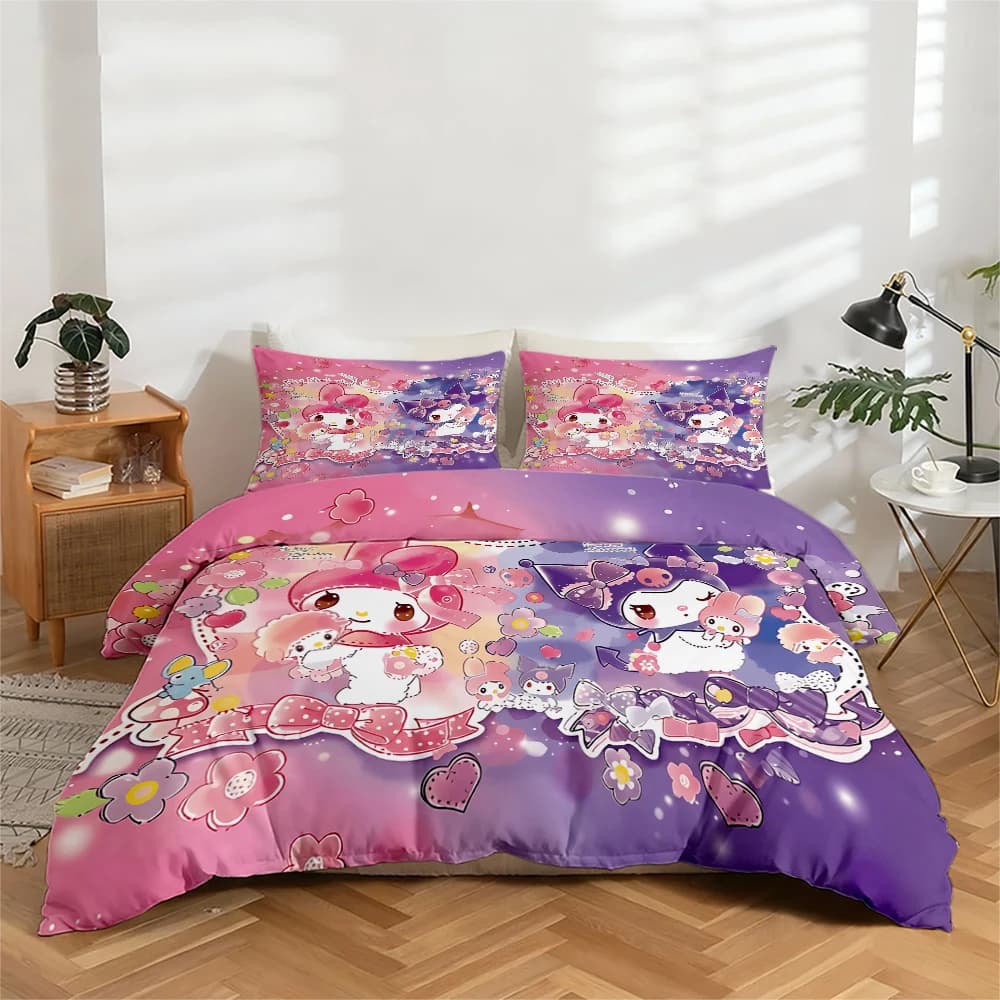 Set of high-definition digital sheets in 3 pieces, set of sheets with My Melody and Kuromi pattern, set with large floral print, includes 1 sheet with corners + 2 pillowcase, suitable for bedroom, guest room, home decoration, bed linen with corners + polyester fiber pillowcase, ultra soft bed linen, thick fabric, comfortable for all seasons, washing machine
