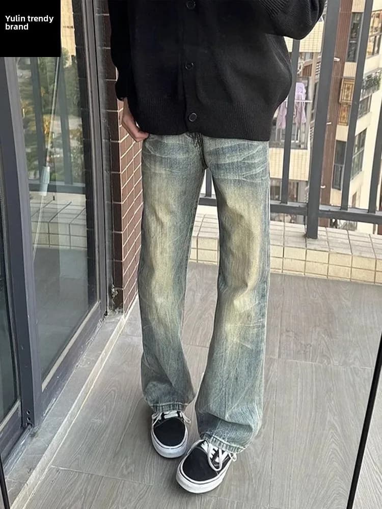 Retro Blue Bamboo Node Lightning Pattern Men's Jeans High Waist Straight Leg Micro Flared Pants American Sle High Street