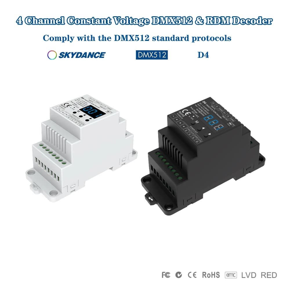 Skydance D4 4CH Tensione costante DC12V-48V 20.5A 4CH RDM DMX512 Decodificatore Dimmer di segnale per striscia LED RGB RGBW a colore singolo/doppio