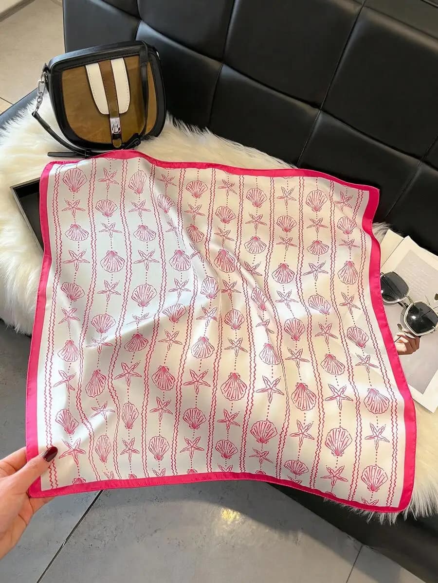 1pc Faux Silk Simple Design Seashell & Starfish Print 27.6in Square Scarf, Versatile Bandana, Waist Belt, Decorative Ribbon, Hai