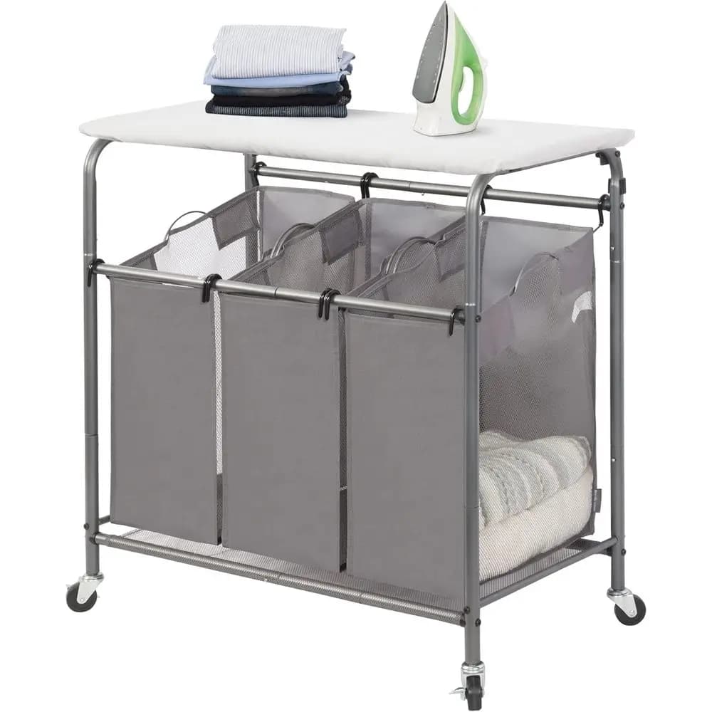 Carrello da lavanderia con asse da stiro pieghevole a 3 sezioni, ruote resistenti e sacchi rimovibili, colore grigio