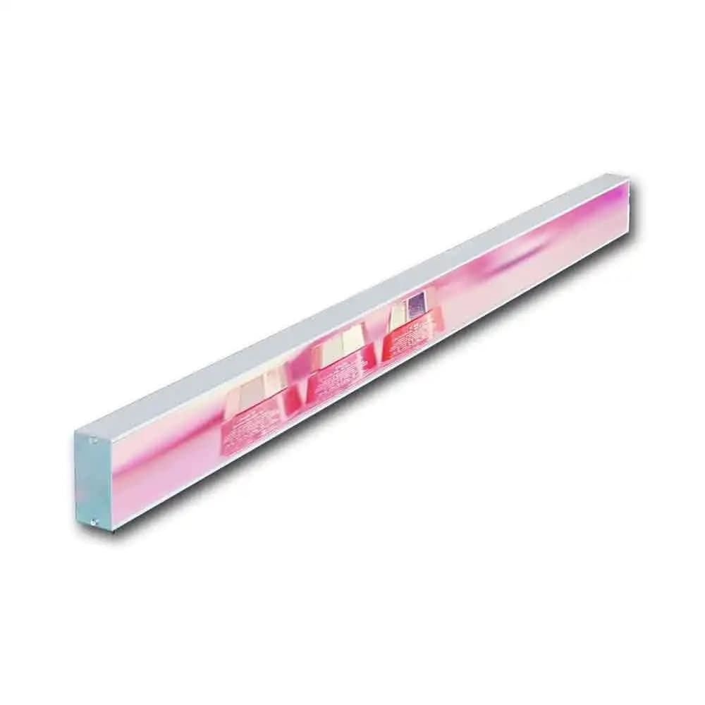 Ultra wide and small supermarket advertising bar, display with digital LED strip elongated on the edge of the shelf