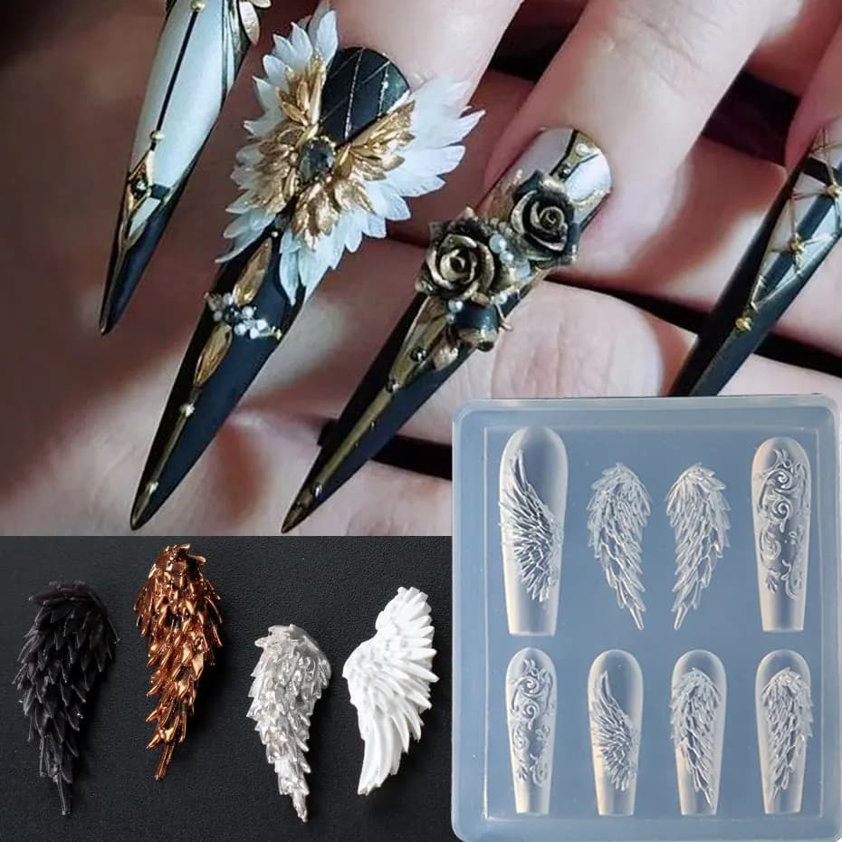 1 pz 3D affascinante ali di piume stampo per intaglio delle unghie in silicone elegante ala d'angelo piastra per timbratura manicure gel stampa stencil modello