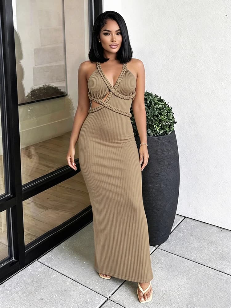 Abito Lungo Irregolare Scavato Kliou da Donna, Tendenza Estiva, Scollo a V, Fascia Incrociata, Schiena Scoperta, per Vacanze, Spiaggia, Feste, Elegante Vestito