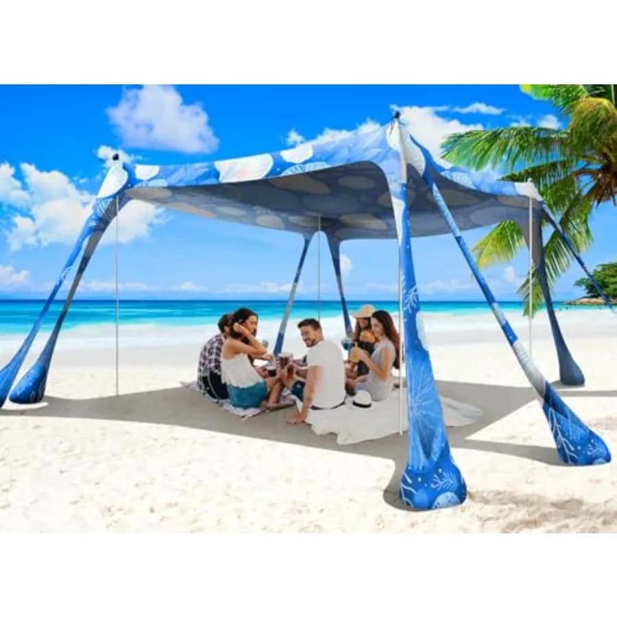 Beach Tent Sun Shelter 10x10ft for outdoor family camping, fishing, backyard picnic; polyester fabric, beige, UPF50+ sun protec