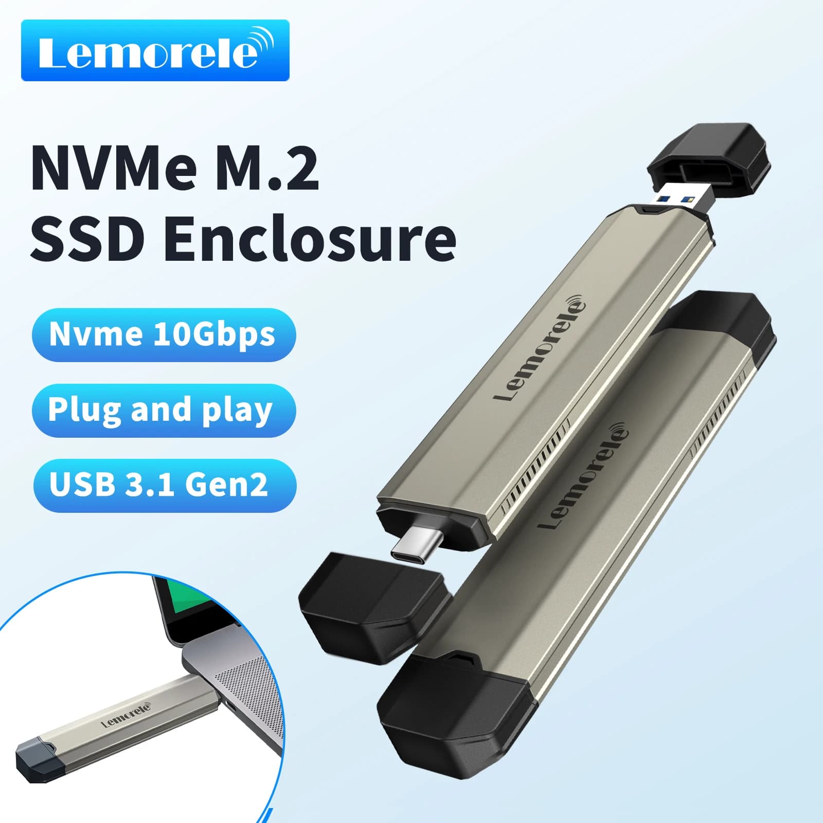 Lemorele M2 SSD Case Adattatore Enclosure SSD M.2 NVMe SATA 10Gbps USB 3.1 Gen2 USB C Esterno Supporta Chiavi M e B&M