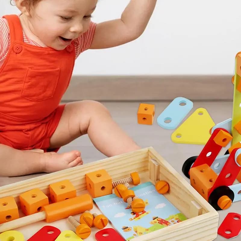 Strumenti di costruzione in legno Cassetta degli attrezzi in legno Set educativo Giochi di finzione Giocattolo da costruzione Giocattoli per smontaggio dado STEM con blocchi