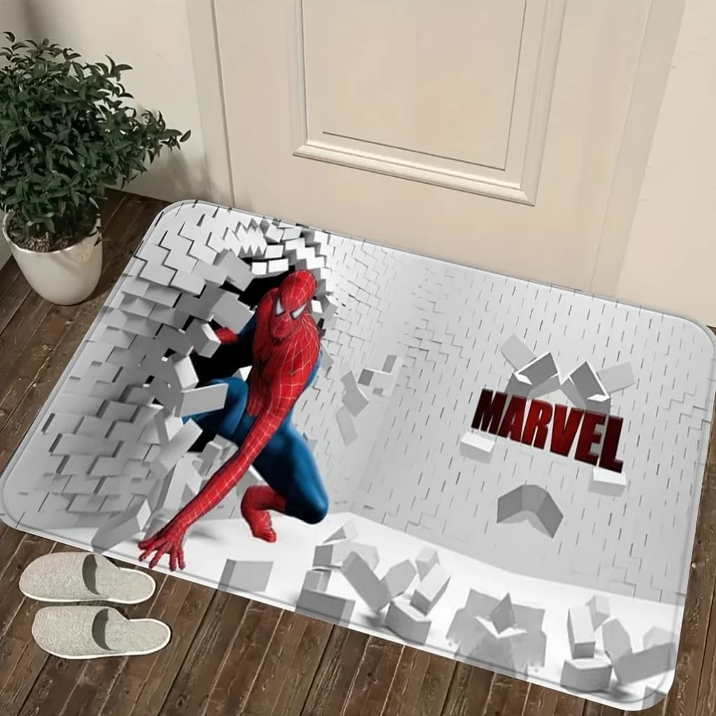 Tappeto Autorizzato con Stampa Cartoon, 1 Pezzo, Tema Spider-Man che Rompe il Muro, Sfondo Geometrico 3D, Facile da Pulire, Adatto per l'Ingresso di Casa