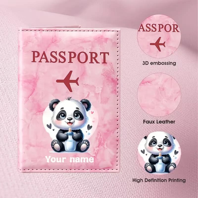 Personalized Custom Name Cute Panda Illustration Design PU Passport Holder, Adorable Panda Holding Heart Pattern Presents