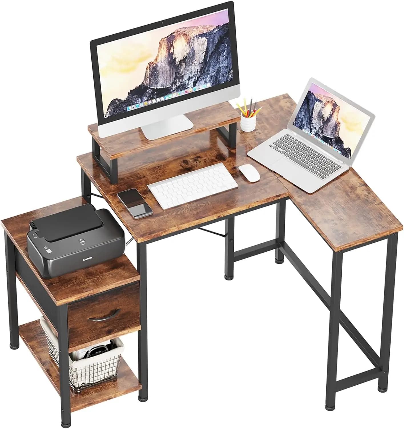 L Shaped Desk With Fabric Drawer Small Corner Desk With Monitor Stand Computer Desk Writing Table With Shelves For Home