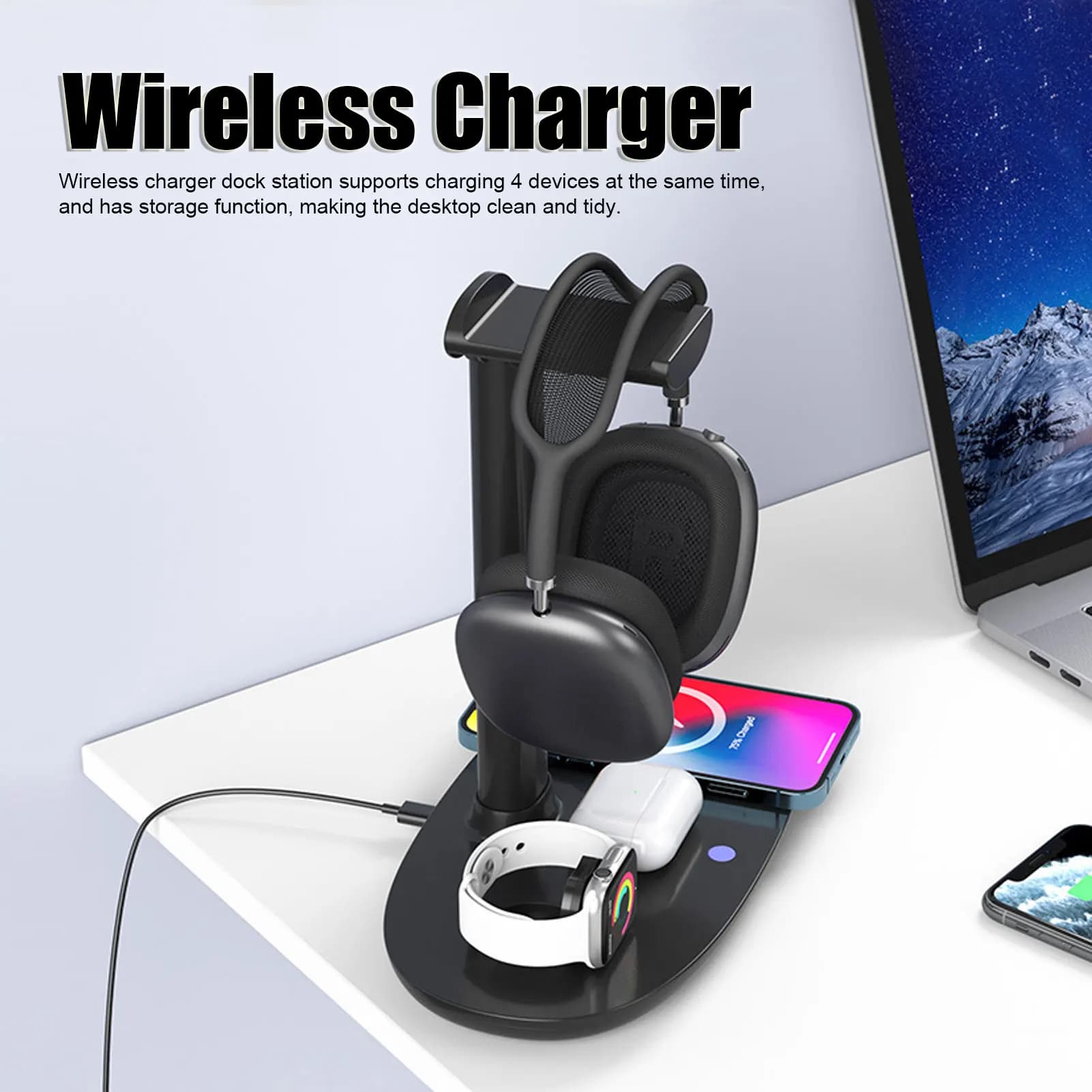 Supporto per cuffie con caricabatterie wireless QI 15W Ricarica rapida Gancio di ricarica per cuffie dall'aspetto elegante staccabile