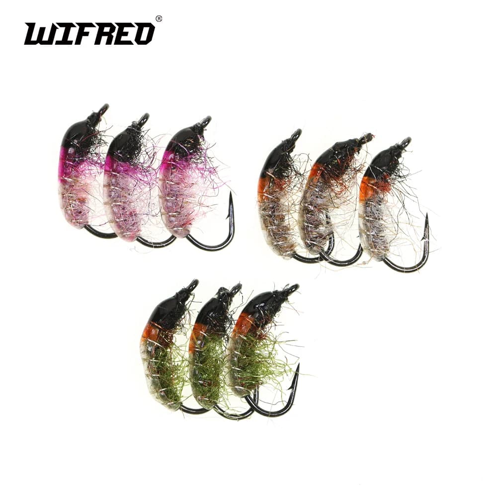 Wifreo 9 pezzi 10 # 12 # Ninfa ceca Gamberetti Mosca Scud Bug Verme Mosche Trota Grayling Esca da pesca Esca Grigio oliva Rosa