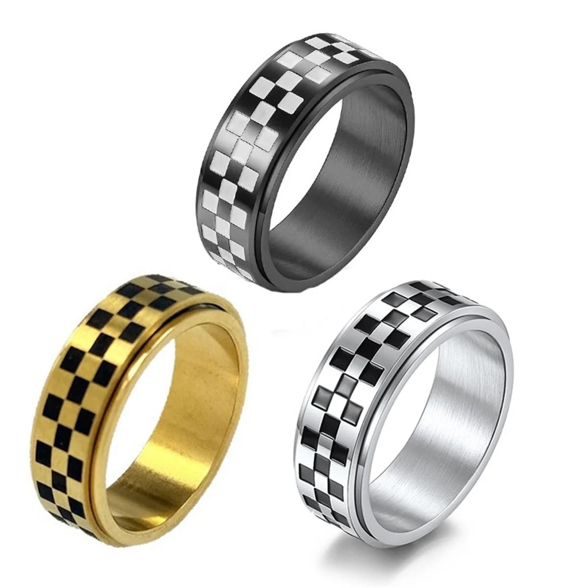 Nuovo prodotto Modello di corse da corsa Bandiera Go Scacchiera Griglie in bianco e nero Fascino Anello di tendenza rotante in acciaio inossidabile Versatile