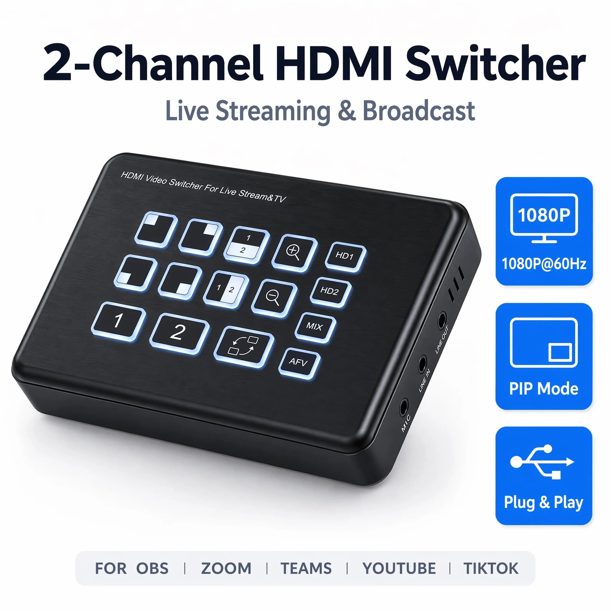2 Channel HDMI Video Switcher 1080P 60Hz PIP Picture-in-Picture Audio Mixer UVC Capture Card Type-C Live Stream Switcher