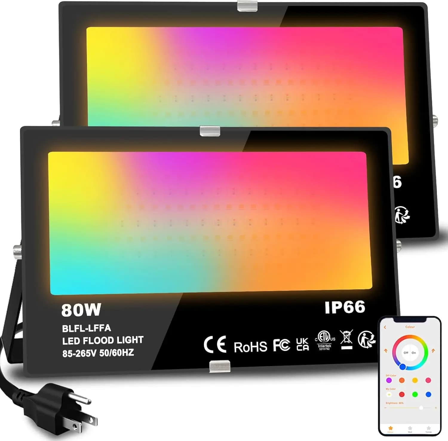 Proiettore LED RGB intelligente equivalente a 800 W 8000 LM con controllo APP, impermeabile IP66, funzione di temporizzazione (confezione da 2)