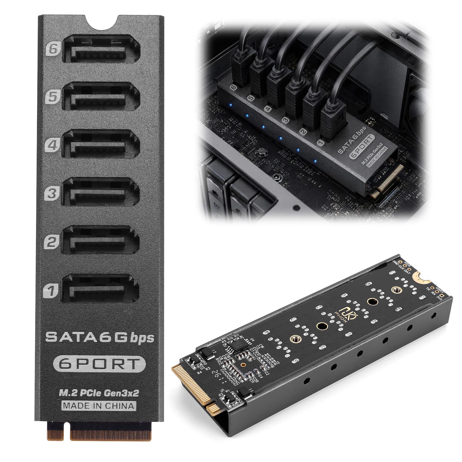 6-Port SATA III Expansion Card PCIe 3.0 ASM1166 NAS Storage Controller PM Support HDD SSD Aluminum 3.15x0.94x0.43 Inch