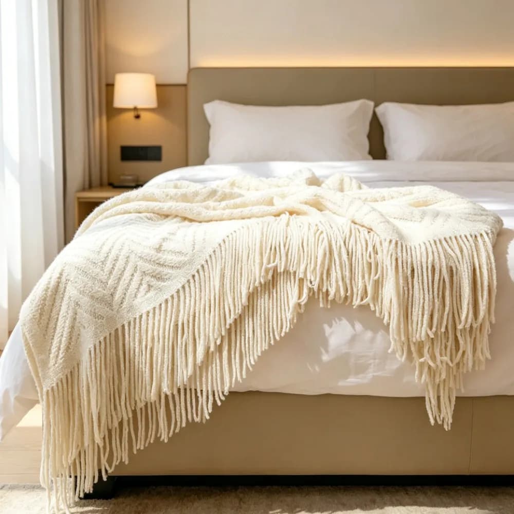 Luxury Chunky Cream Throw Blanket Soft Cozy Cable Knitted with Tassels All-Season Nordic Home Decor Blanket Gift