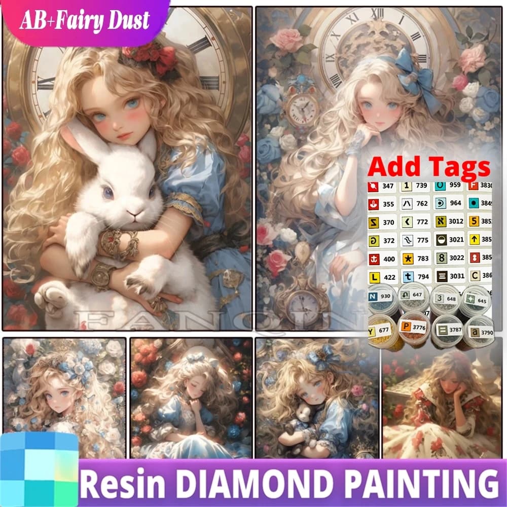 Resin Fairy Dust AB Diamond Painting Diamond Mosaic Anime Girl Rose Diamond Painting DIY Cross Stitch Diamond Embroidery Home Decor