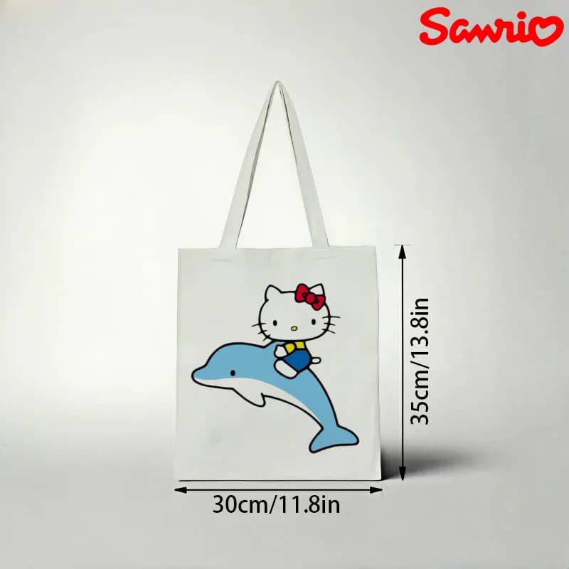 Borsa tote in tela Sanrio Hello Kitty, graziosa borsa a tracolla ecologica con stampa di delfini