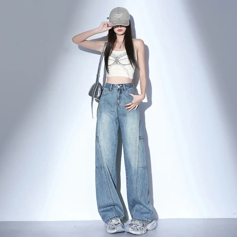 Jeans da Lavoro a Vita Alta e Gamba Larga Stile Streetwear da Donna, Design Svasato che Snellisce, Pantaloni Versatili a Tutta Lunghezza, Casual e di Tendenza