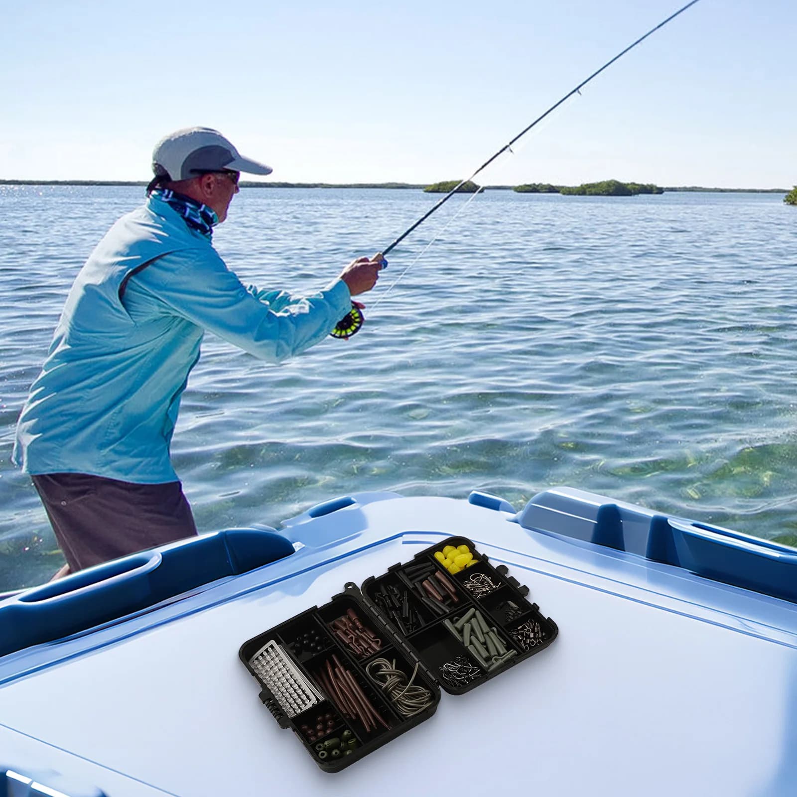173-piece carp fishing equipment kit with removable deflector cover for effective organization of fishing plants and accessories