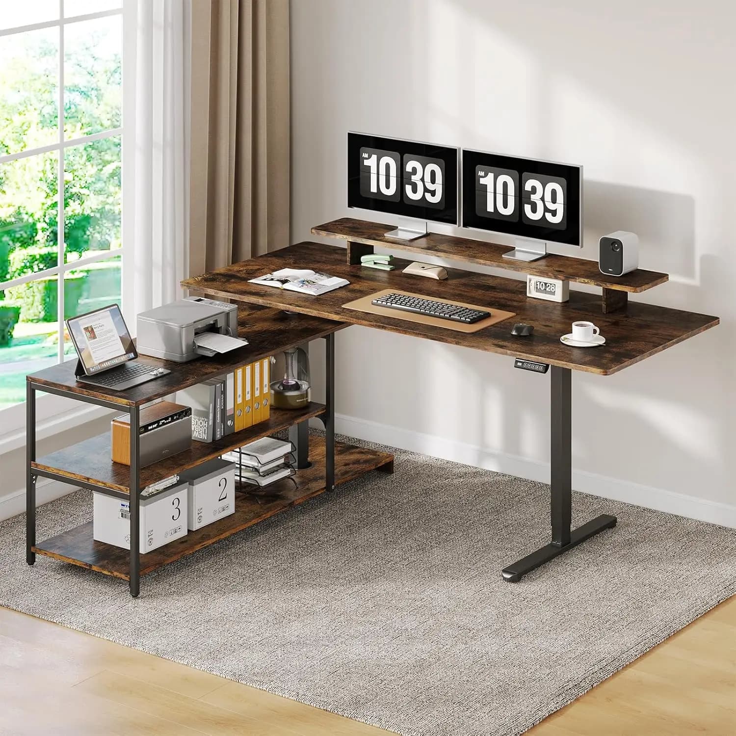 Standing Desk with File Cabinet, 55x24'' L Shaped Electric Stand Up Desk with Adjustable Monitor Shelf, Adjustable, Customized