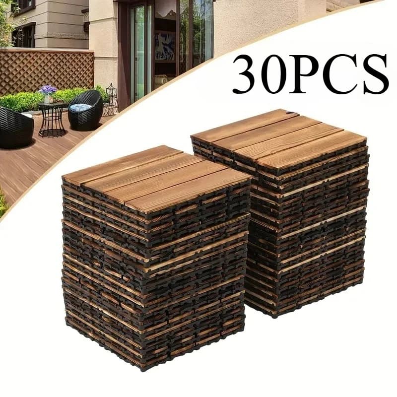 30 pezzi di pavimenti ad incastro in legno massello fai da te, 11,81x1,81 pollici, facile da montare e tagliare, piastrelle da giardino per balcone, piastrelle in legno