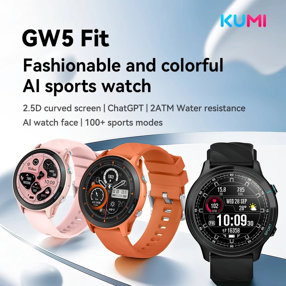 KUMI GW5 Fit Smart Watch 1.52" AMOLED BT Call NFC HR BP SpO2 Sleep Monitor IP68 Waterproof AI Voice for Men Women Android iOS