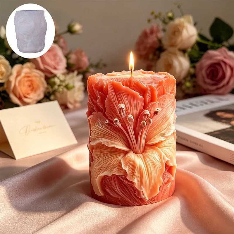 Relief Lily Flower Cylinder Candle Silicone Mold DIY Handmade Soap Gypsum Epoxy Resin Aromatherapy Candle Mould Home Decor