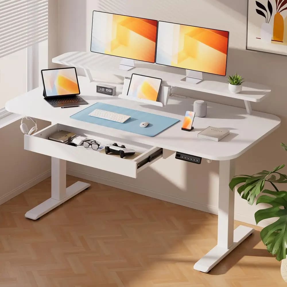 Scrivania Elettrica Regolabile in Altezza con Cassetti, 55 x 24 Pollici, con Supporto per Monitor e Laptop, Ergonomica