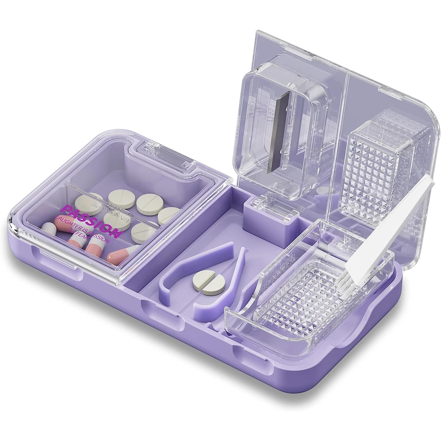 Portapillole 3 in 1 Portapillole portatile Grazioso frantoio per pillole per borsetta Tasca da viaggio Tagli di vitamine Compresse Organizzatore di pillole