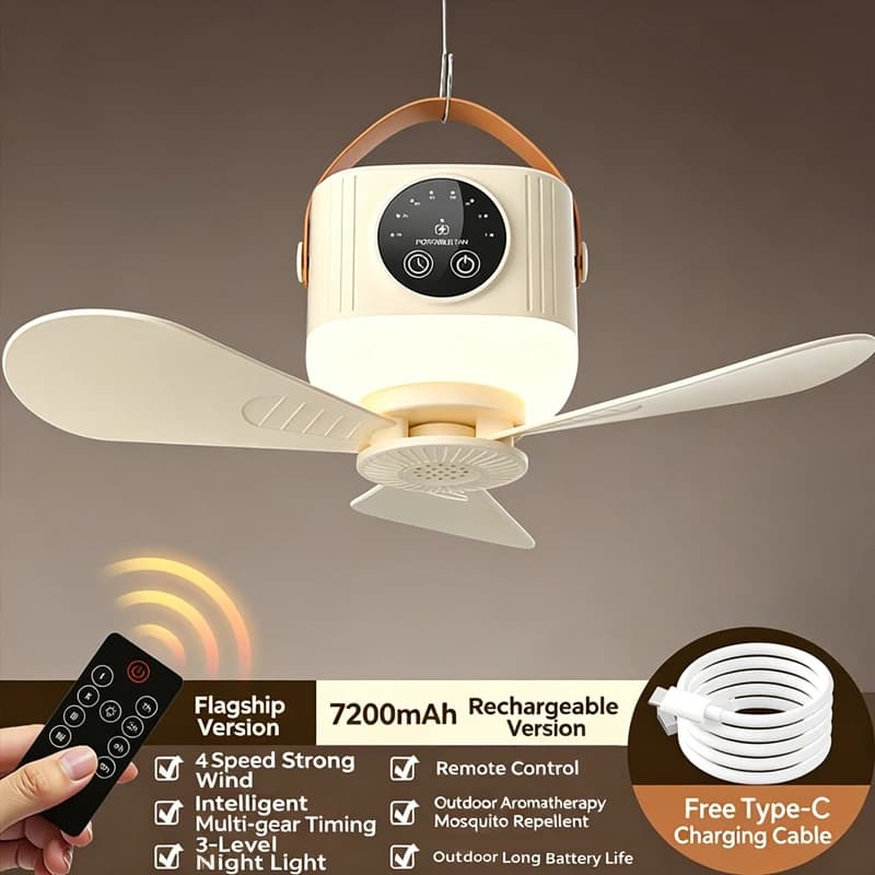 7200mAh Portable Rechargeable Ceiling Fan Wireless USB Hanging Fan Night Light for Student Dorm Bed Outdoor Camping