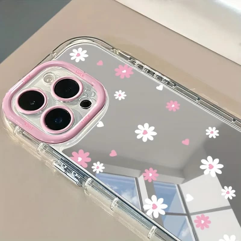 Cover for iPhone with pink and white daisy pattern and mirror design for iPhone 17 16 15 14 Plus 13 12 11 Pro Max 7 8 Plus XR X XS 16E