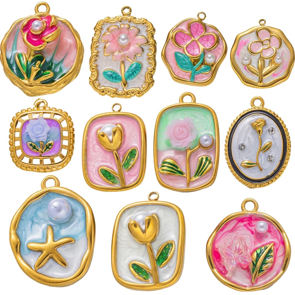 2 pendenti con ciondoli a forma di fiore in smalto in acciaio inossidabile dorato per la creazione di gioielli, collane, orecchini, braccialetti, risultati artigianali