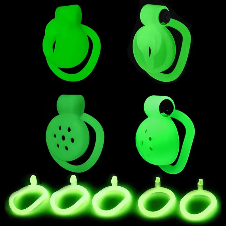 Luminous Male Penis Chastity Cage With 5 Size Cock Rings Set Small Chastity Cage Belt Lock Ring Penis Lock Bondage Slave Sex Toy