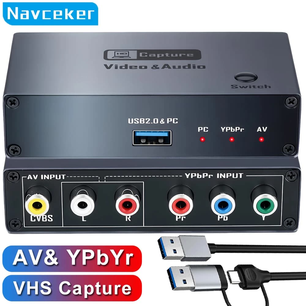 Navceker USB 2.0 VHS AV RCA YPbPr Capture Card 1080P VHS Digital Audio Video Converter Recorder Grabber Adapter for PC PS2 Wii