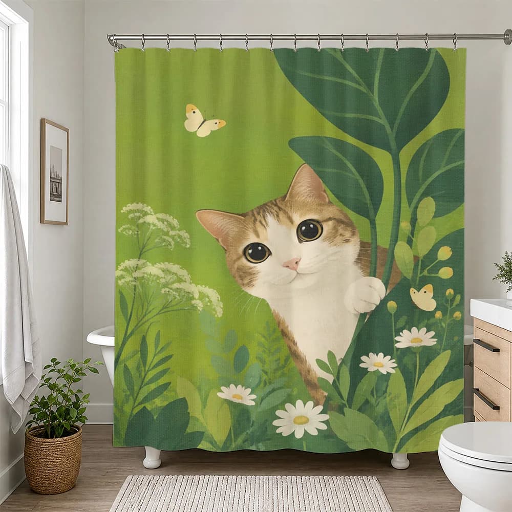 Cute Cat and Spring Flowers Shower Curtain Bathroom Decor Tropical Greenery Pet Lover Gift Idea