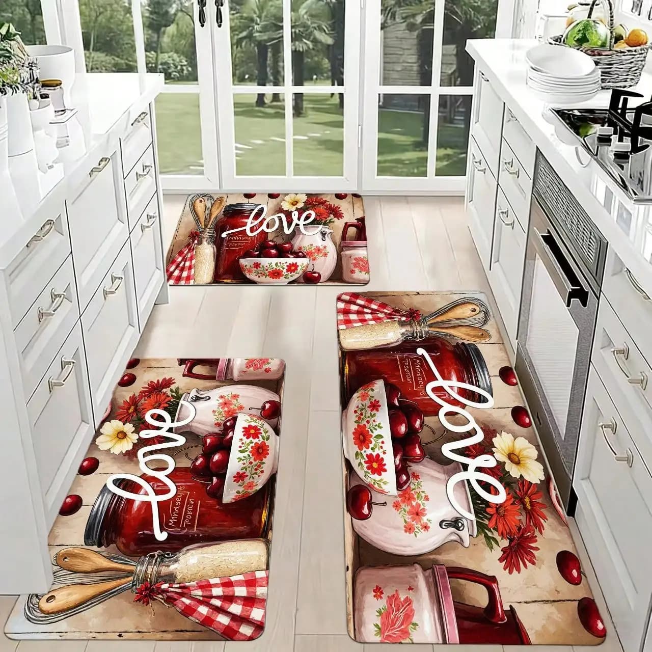 Rustic Cherry Door Mat - Country Style Love Print Rug, Red Checkered Kitchen Carpet, Farmhouse Entrance Mat, Multiple Sizes