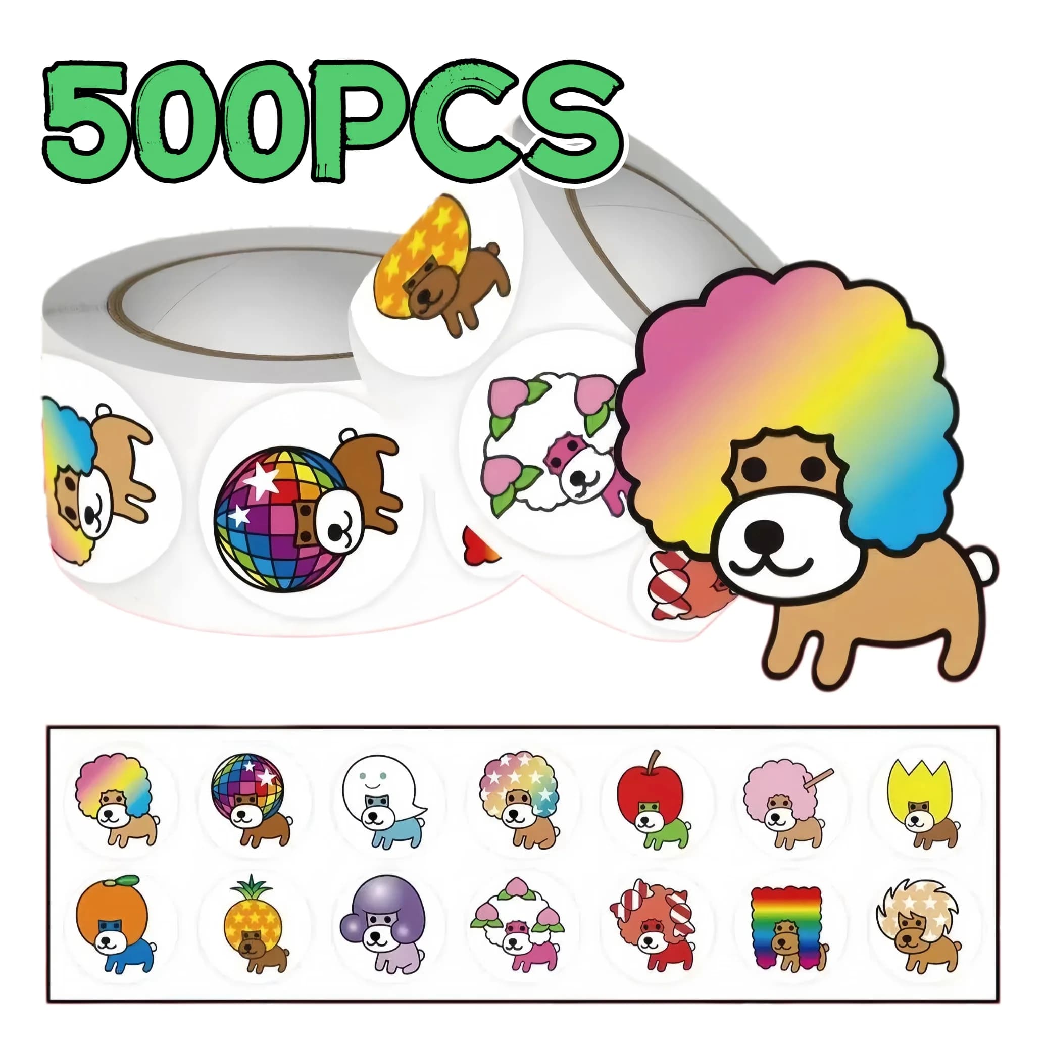 500Pcs Roll Self‑Adhesive Disco Dog Labels for DIY Scrapbook Packaging Party Stationery Luggage Decor 2cm/0.79inch