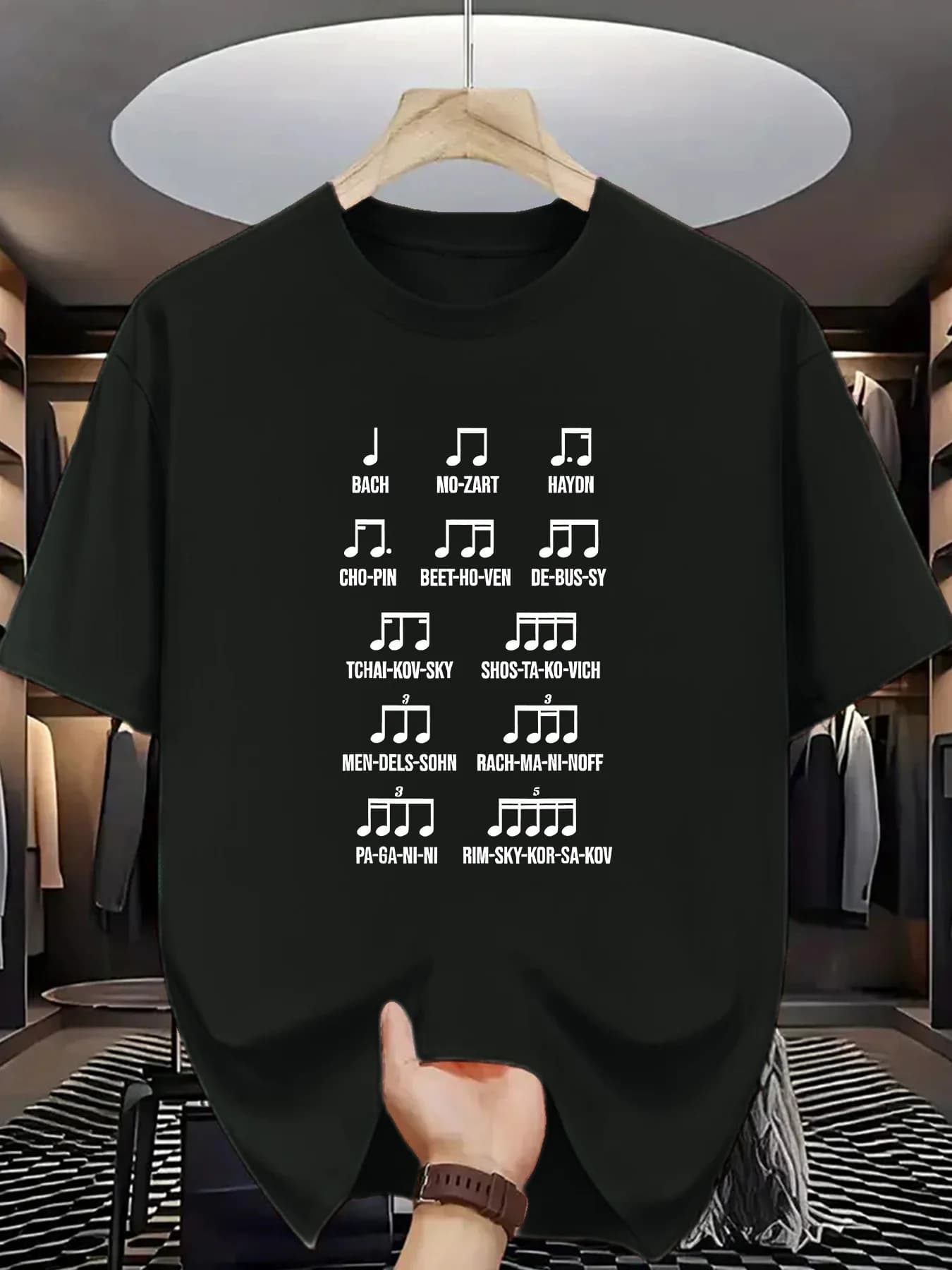 T-shirt casual da uomo con grafica - Design con note musicali: "J, Bach, Mozart, Haydn" - Tessuto morbido ed elasticizzato - Girocollo - T-shirt estiva