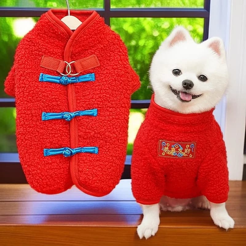 Chinese New Year French Bulldog Sweatshirt Creative Buttons Velvet Pet Clothes for Cats Outdoor Leash Small Medium Puppy Coats
