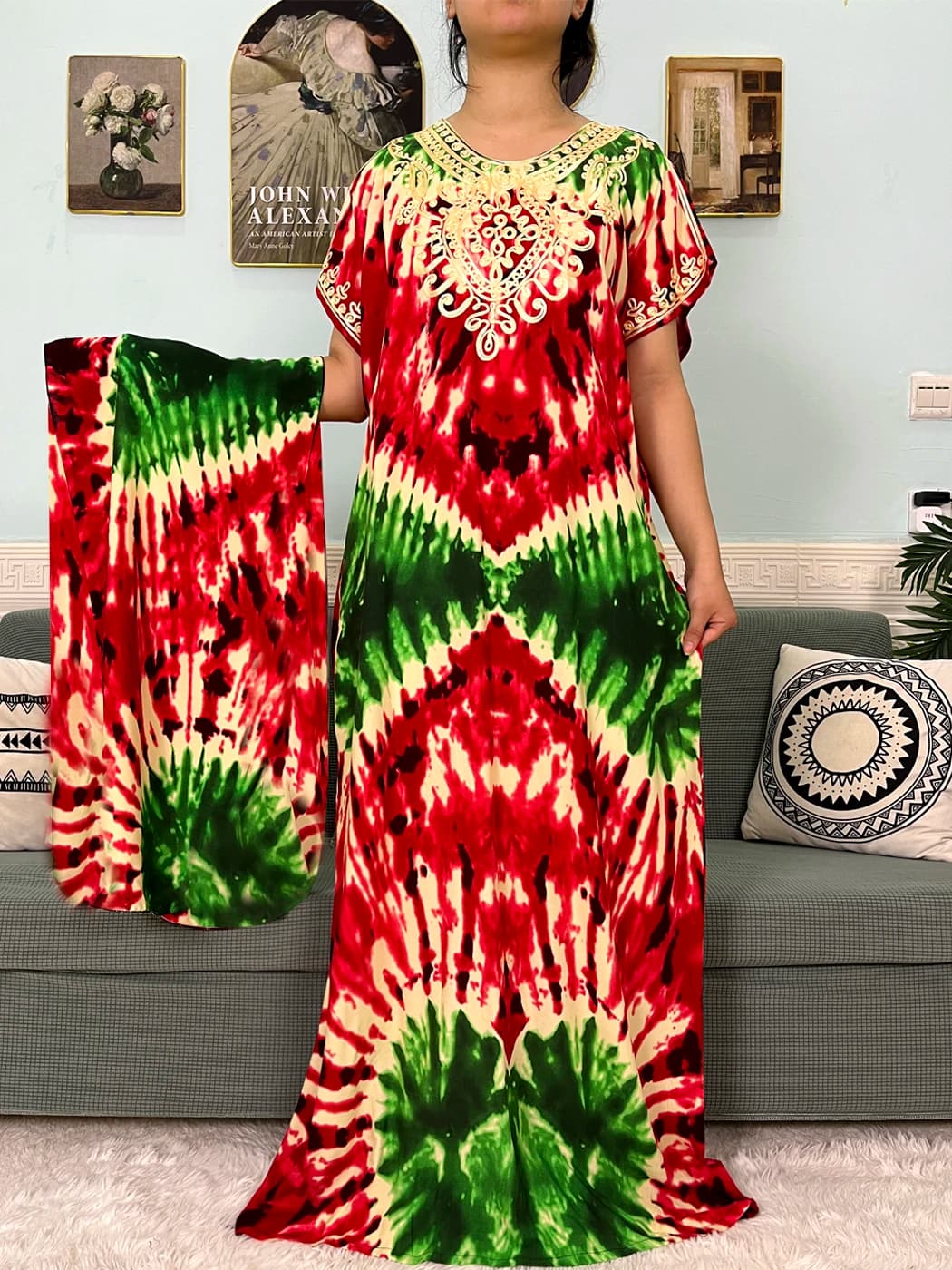 2024 Abaya in cotone musulmano per le donne Appliques Stampato Caftano Marocaine Femme Robe Boubou Abiti islamici africani con foulard