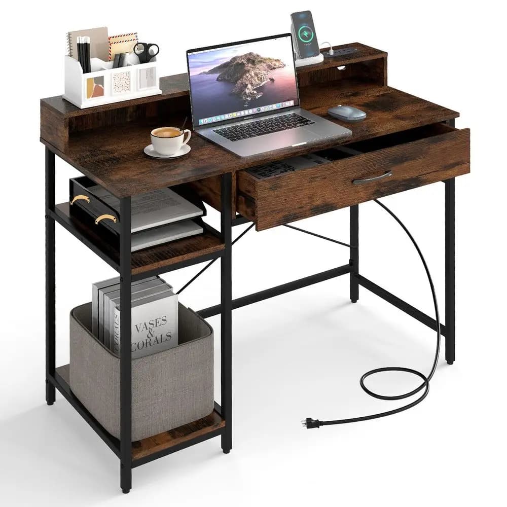 Scrivania per computer con cassetto, piccola postazione di lavoro per computer da 42 pollici con stazione di ricarica e supporto per monitor, scrivania per PC portatile con ripiano portaoggetti