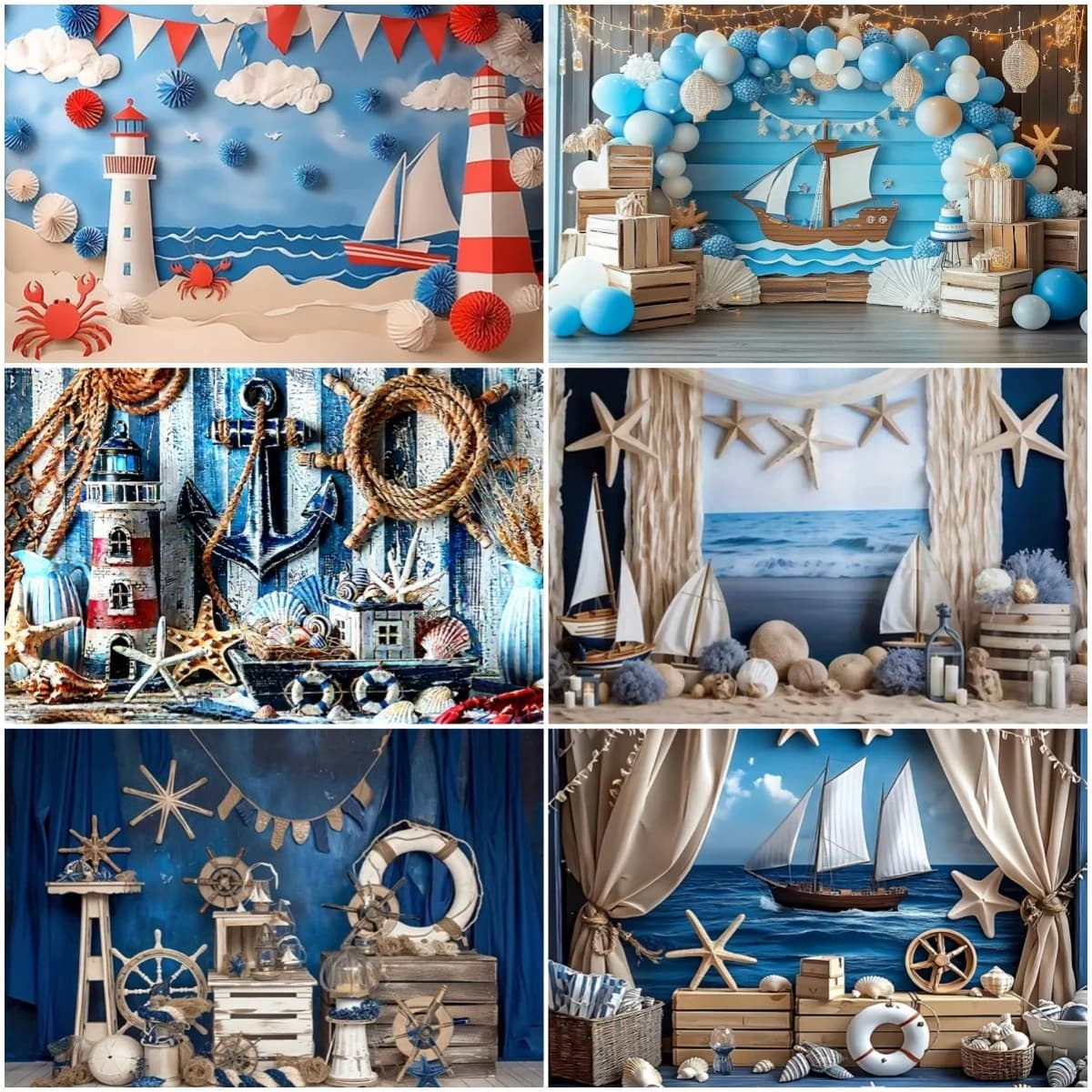 Sfondo Decorativo a Tema Nautico con Timone, Faro e Stelle Marine, Banner per Festa di Compleanno per Bambini, Sfondo per Studio Fotografico