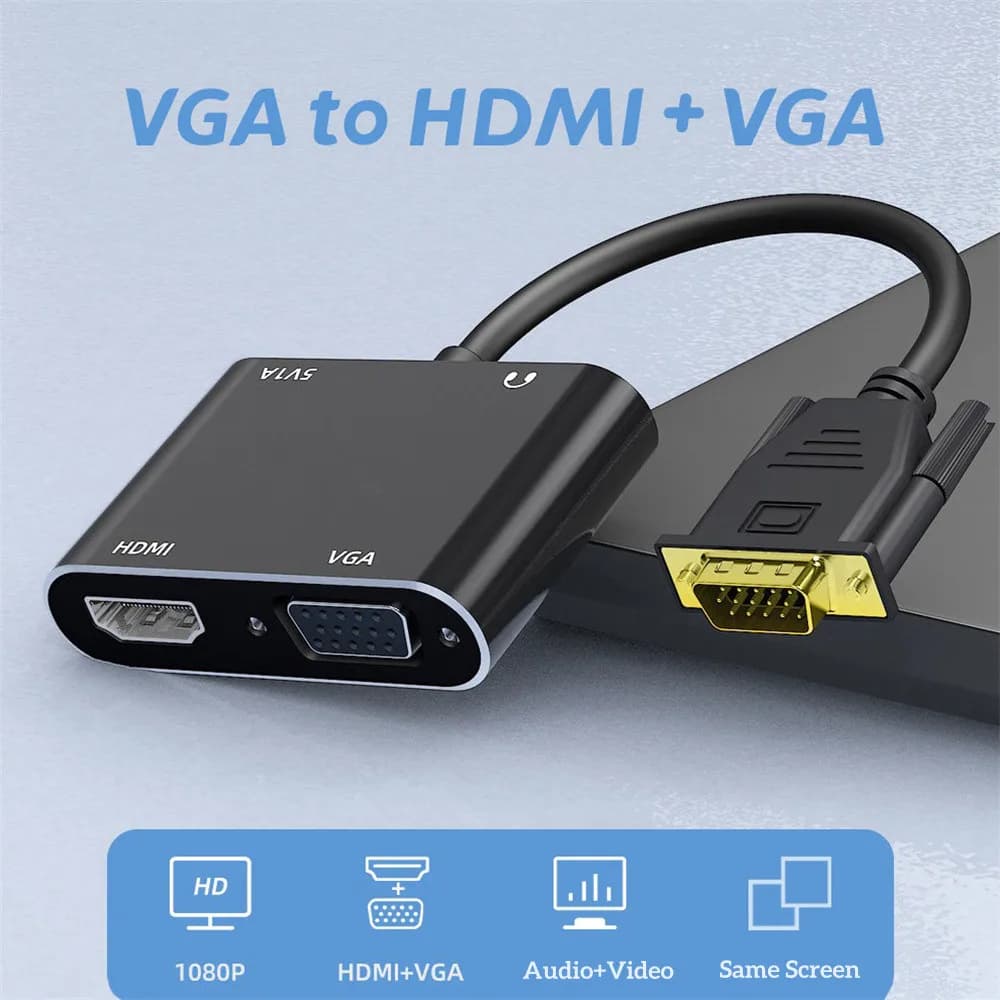 Adattatore compatibile da VGA a HDMI Splitter VGA con convertitore audio da 3,5 mm Supporto doppio display per proiettore HDMI