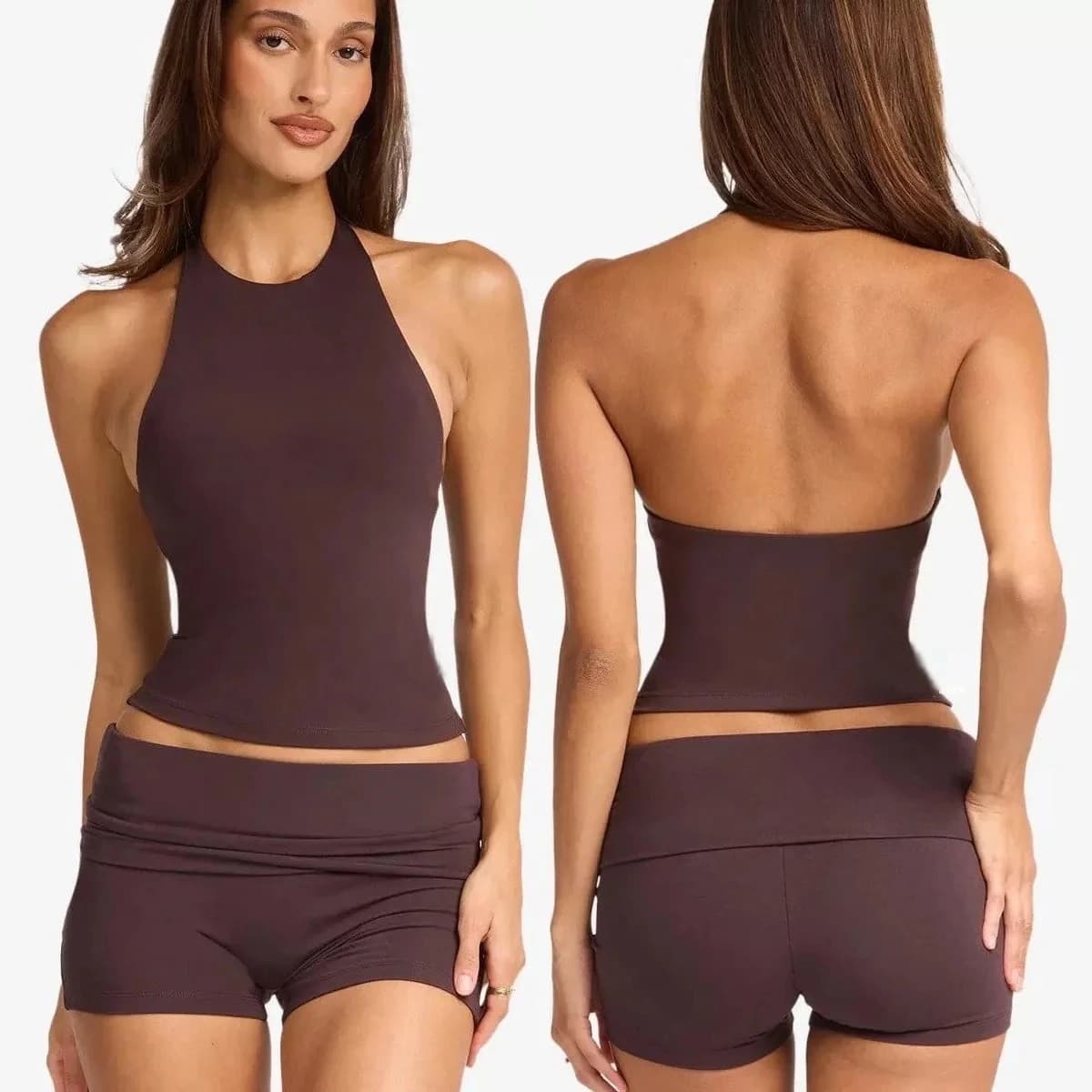 Completo da allenamento CSB da donna: Top Yoga Halter con schiena scoperta e pantaloncini Biker a vita pieghevole per Palestra, Pilates e Training